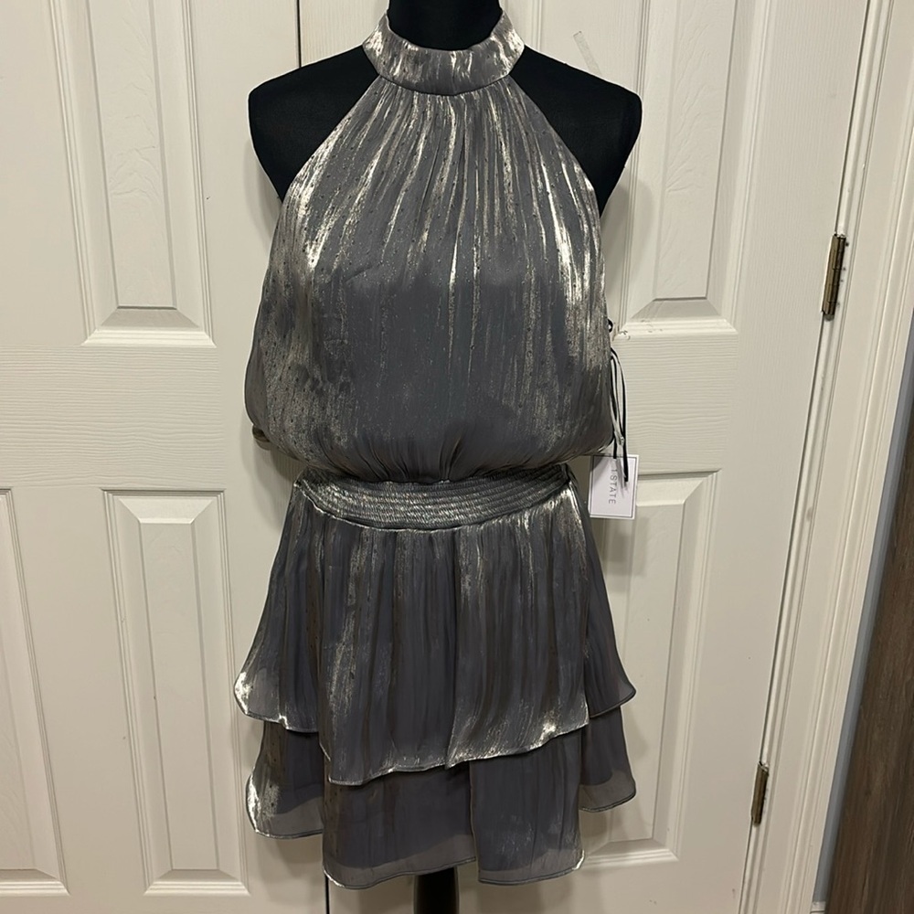1. State Metallic Dot Halter Mini Dress